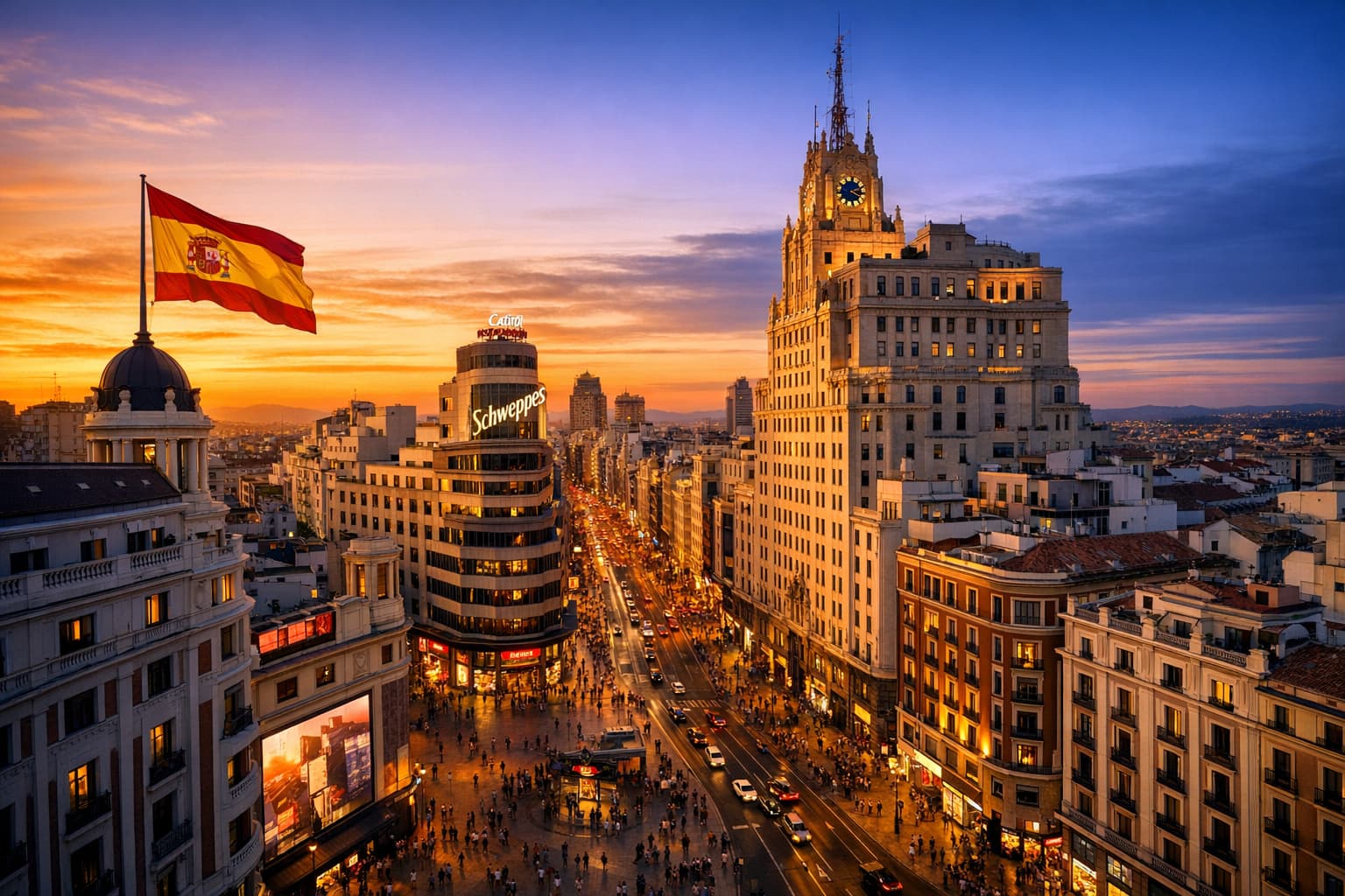 Grupo diverso de inmigrantes exitosos en Madrid con monumentos icónicos de fondo