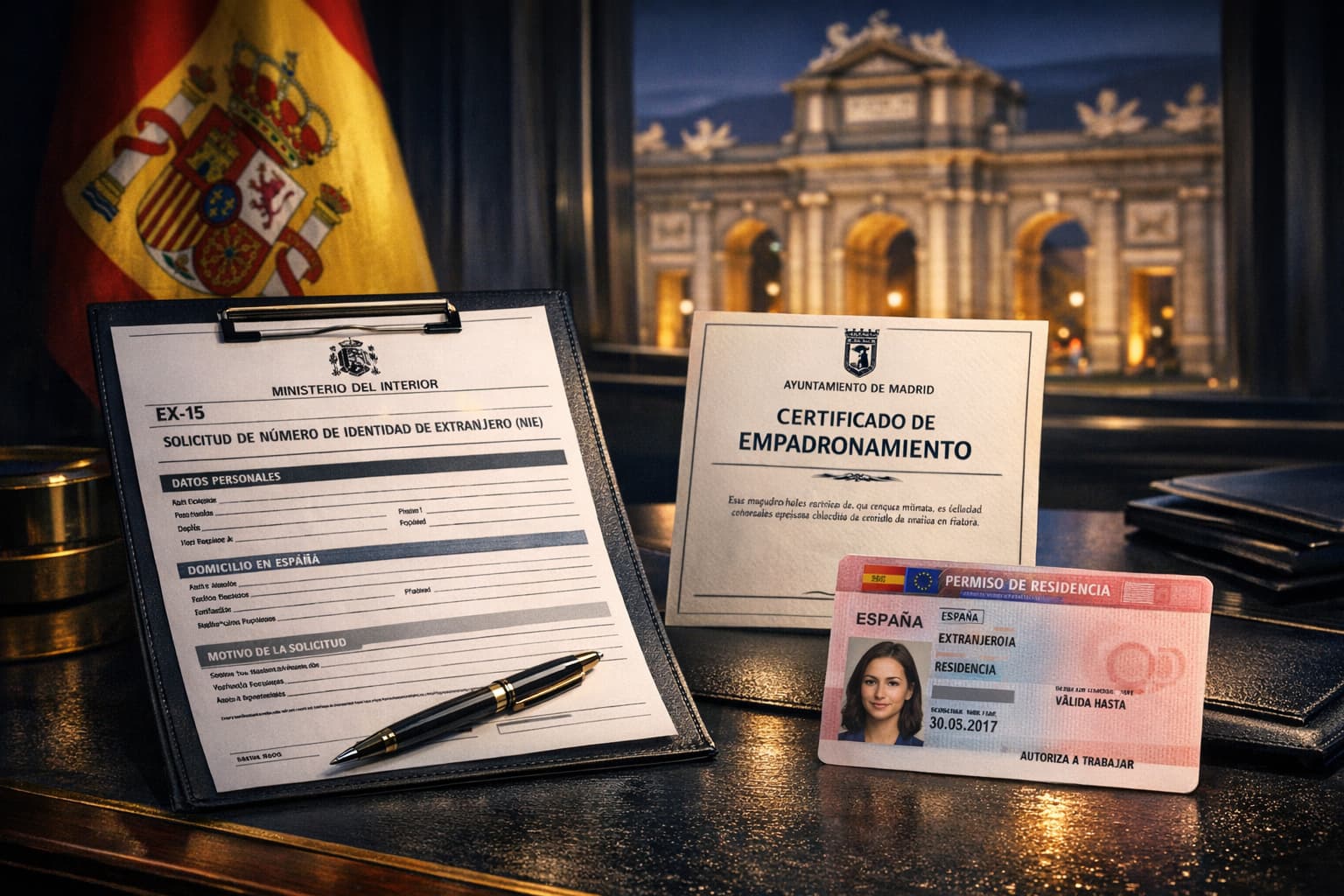 Documentos de estrategia legal y análisis de residencia en escritorio profesional